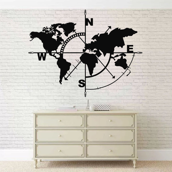 Wanddecoratie Wereldkaart Kompas Zwart 98x75cm
