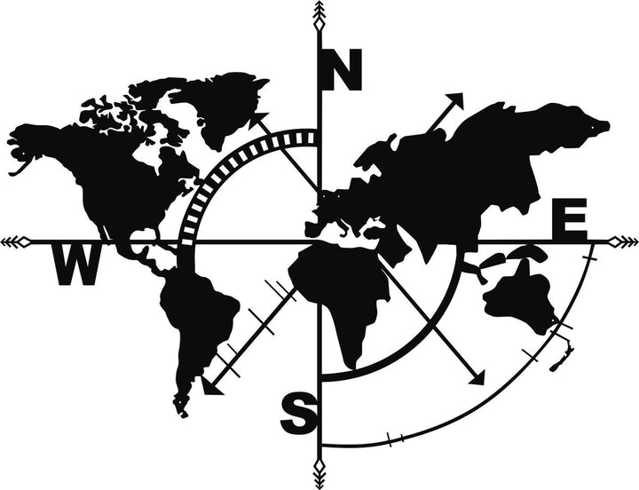 Wanddecoratie Wereldkaart Kompas Zwart 98x75cm